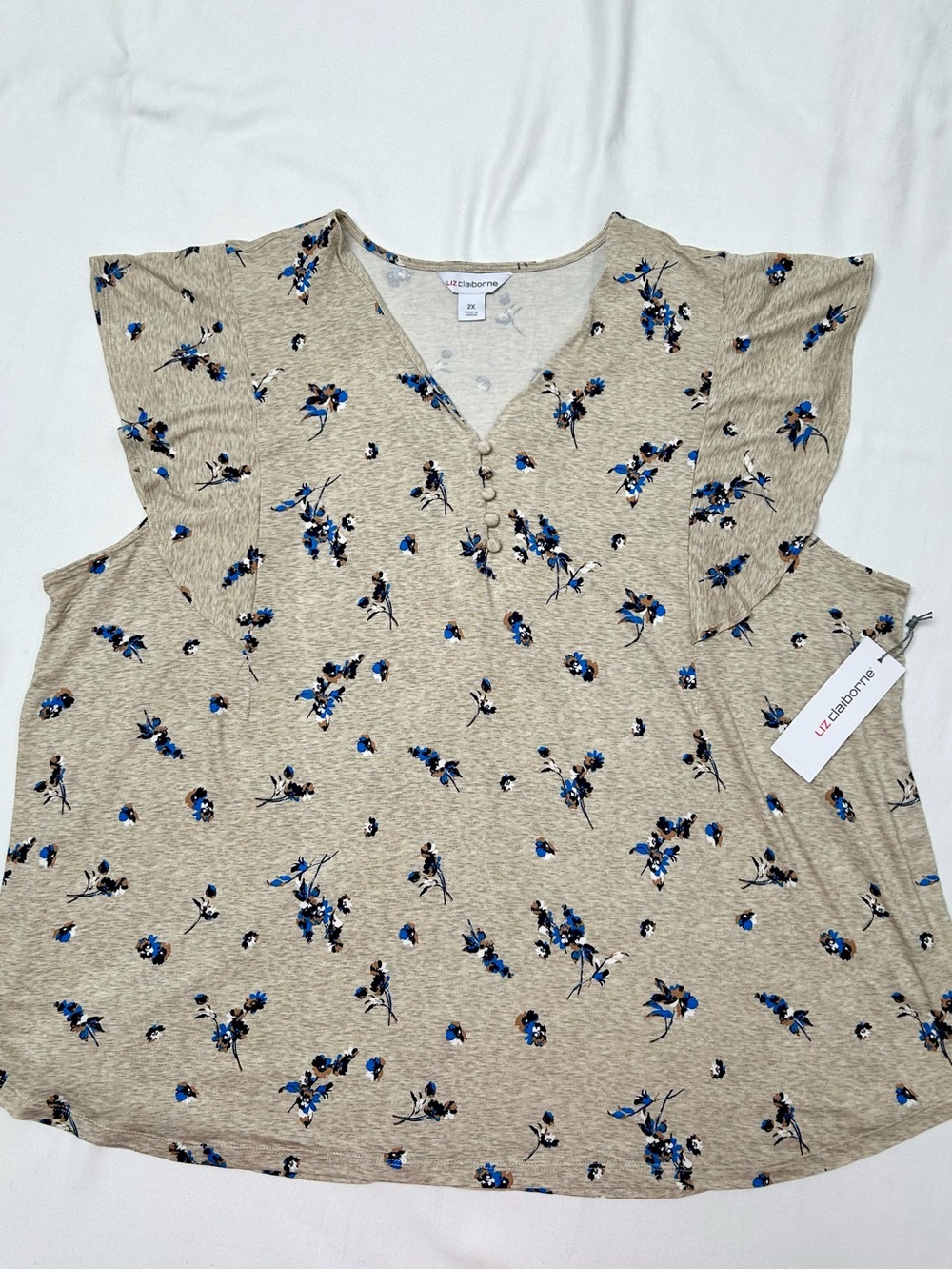 LIZ CLAIBORNE TURTLE DOVE FLORAL TOP, SIZE 2X, LIGHT TAN/TAUPE NWT - Picture 2 of 8